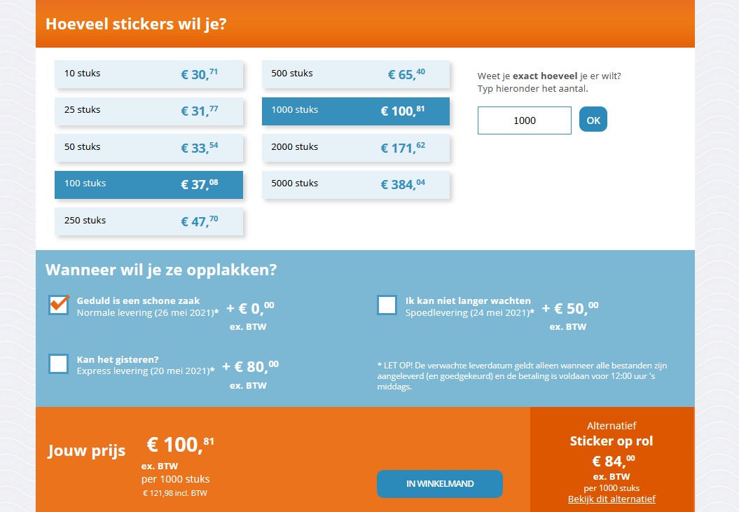 printscreen oplages en levertijden